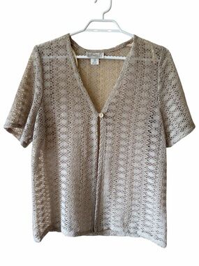 Tradition Open Knit Crochet Cardigan Beige Short Sleeve Boho Lightweight Top